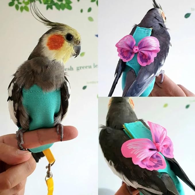 Pet Bird Diaper Harness Adjustable Parrot Harness and Leash Set Cockatiel Flight Suit with 60 Inch Leash Bow Tie Bird Flying Clothes for Conures Cockatoos Cockatiel Pigeon (Pink, Large)