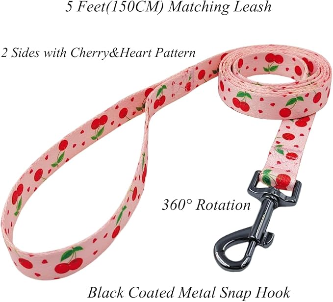Dog Collar Leash Set, Fruit Pattern, Polyester Material, Adjustable Collar and 5ft Matching Leash, for Large Dogs.(L, Pink Cherry)