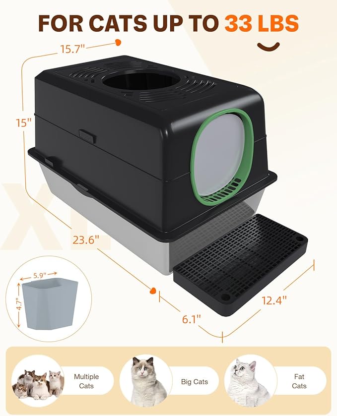 XL Stainless Steel Cat Litter Box with Lid, Enclosed High-Sided Top-Entry Design, Large Metal Kitty Litter Box Equipped with Scoop and Trash Bin, Black