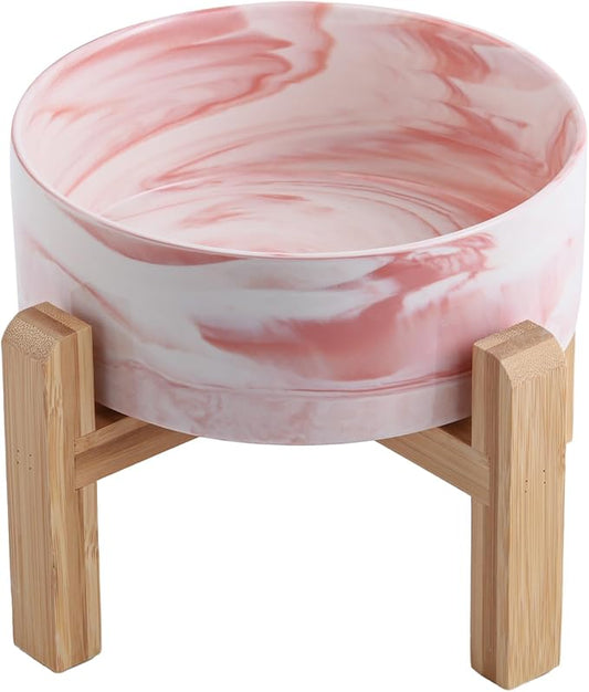 Raised/Elevated Ceramic Dog Bowl for Medium Large Sized Breeds,Large Dog Food Water Bowl with Stand,8 in Non Slip Heavy Weighted 1800ml/ 7.6 Cups/60 OZ Marble Pink