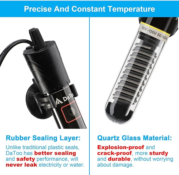 DaToo Mini Aquarium Heater 50W Small Fish Tank Heater 50 Watt with Free Thermometer Sticker(50W)