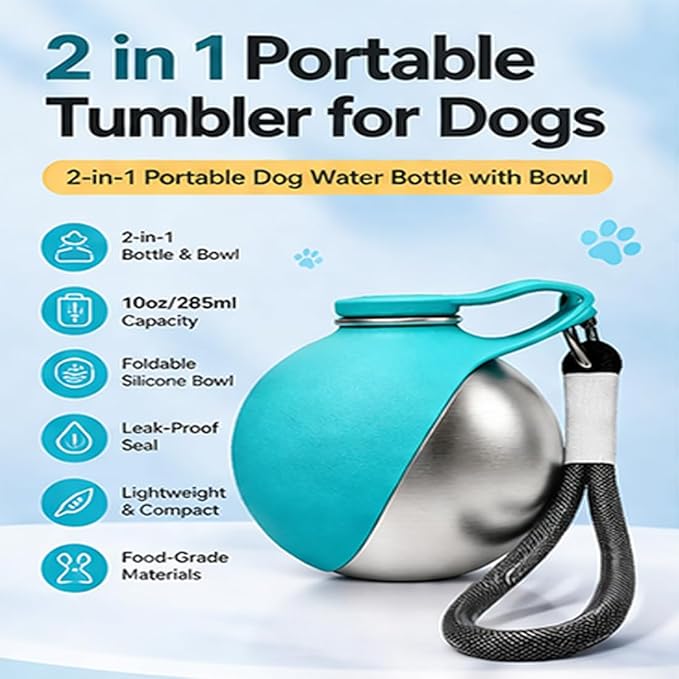 2 in 1 Portable Tumbler for Dogs, 2026 New 10Oz Stainless Steel Dog Water Bottle with Silicone Foldable Bowl, Leak-Proof 2 in 1 Portable Small Dog Water Bottle for Walking, Hiking & Travel (2PCS-Mix)