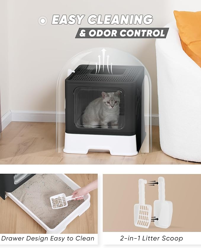 Covered Litter Box, Large Litter Box for Big Cats, Enclosed Cat Litter Boxes with Lid, Top Entry Kitty Litter Box with Scoop, Odor Control, Easy to Clean (Black)