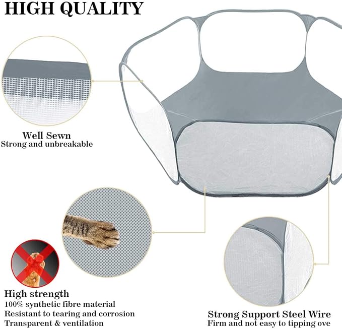 Small Animals Tent,Reptiles Cage,Breathable Transparent Pet Playpen Pop Open Outdoor/Indoor Exercise Fence,Portable Yard Fence (Grey)