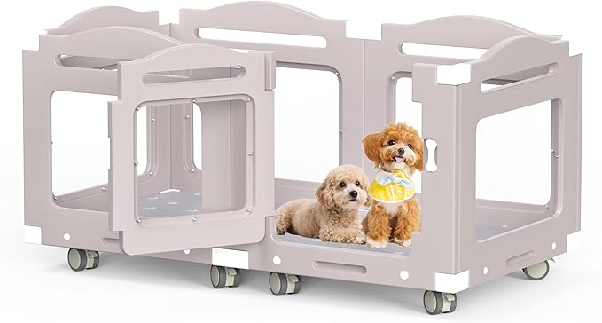 Acrylic Dog Playpen, Indoor Whelping Box with Pet Stroller, Puppy Playpen for Small Medium Pets, Cat Rabbit & Puppies, 6-Panel with Bottom Panel, 8 Wheels, Safe, Sturdy, Apricot Gray