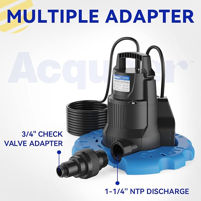 Acquaer 1/3 HP Automatic Swimming Pool Cover Pump, 2950 GPH Submersible Sump Pump with 3/4” Check Valve Adapter & 25ft Power Cord, Water Removal for Pool, Hot Tubs, Rooftops, Water Beds, Black & Blue