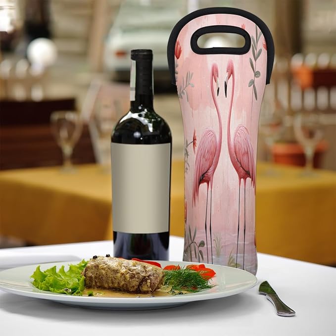 Tropical Bird Flamingo Wine Bag Single Bottle Wine Tote Bag Neoprene Wine Carrier Bags with Carry Handle Portable Wine Bottle Holder for Travel Party Picnic