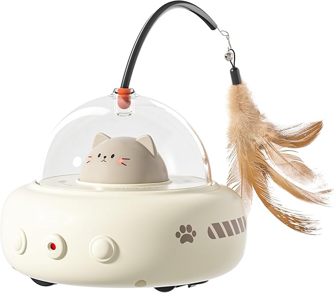 hooroor 2-in-1 UFO Laser Cat Toy with Feather, Automatic Motion Smart Sensor Interactive Toy for Indoor Cats&Small Dogs, Rechargeable Obstacle-Avoidance Exercise Toy, Self-Play Pet Gift White Updated
