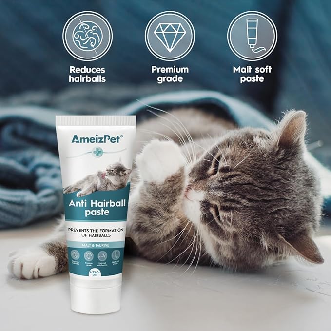 AmeizPet Hairball Remedy for Cats, Anti-Hairball Malt Paste for Pet Fur, Treatment for Long & Short Fur Cats, 4.23 Oz (120g)