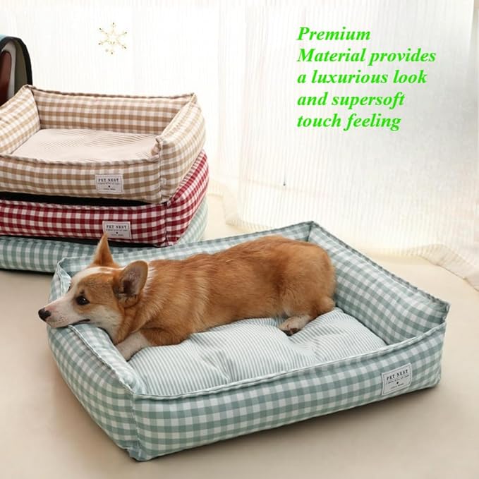 Orthopedic Rectangle Dog Bed for Medium Small Dogs, Plaid Plush Modern Puppy Sofa Bed with Anti-Slip Bottom, Cute Calming Pet Bed(Khaki,Large)