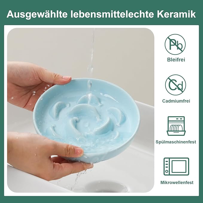 Ceramic Cat Slow Feeder Bowl - 6.3'' Wide Opening Whisker Friendly Cat Plate for Dry and Wet Food - Cute Maze Feeder Dish Helps Reduce Vomiting - Microwave and Dishwasher Safe - Blue