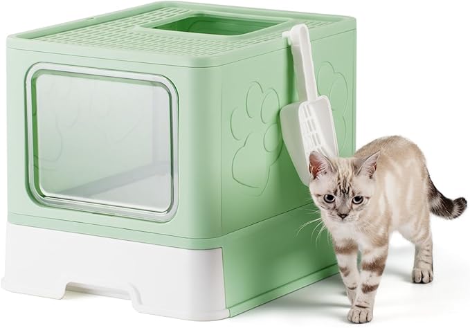 Covered Litter Box, Large Litter Box for Big Cats, Enclosed Cat Litter Boxes with Lid, Top Entry Kitty Litter Box with Scoop, Odor Control, Easy to Clean (Green)