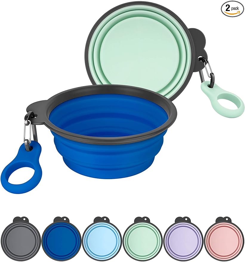 Aonkey Collapsible Dog Bowls with Bottle Carrier, 2 Pack Travel Dog Water Bowl Upgraded Carabiner, One-piece Molded Rim No Fall Off or Crack, Foldable Silicone Portable for Pets Walking Hiking 15oz