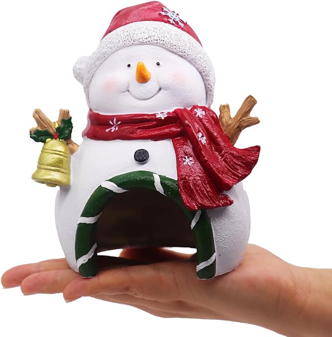 Ulifery Christmas Ornament Snowman Aquarium Decorations for Betta Hiding in 5-30 Gallon Fish Tank, White and Red