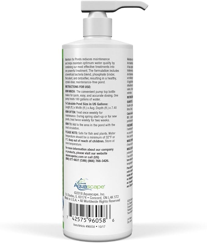 Aquascape Maintain Water Treatment for Koi and Fish Ponds, Easy to Use, Powerful Blend of Beneficial Bacteria, Phosphate Binder, Flocculant, and Detoxifier, 16 Ounce / 473 ml, 96058