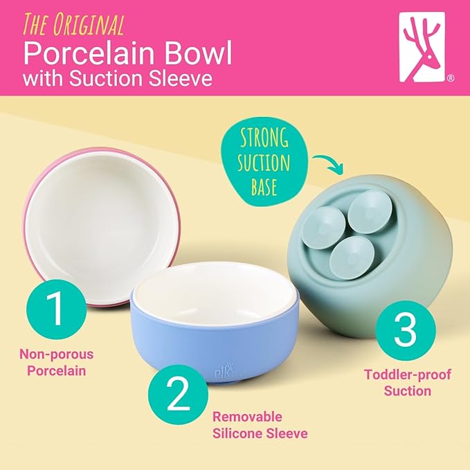 Elk and Friends Kids Porcelain Bowls with Silicone Suction Sleeves | Suitable for Babies/Toddlers | Microwave & Dishwasher Safe | Stay Put Dinnerware | Snack Dishes | 4 Pack