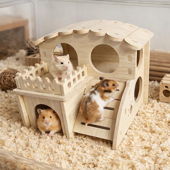 Multi-Chamber Hamster Hideout & House, Natural Wood Small Animal Cage Accessories for Dwarf Hamsters, Gerbils and Mice – Ventilated Design with Structure (Model 2)