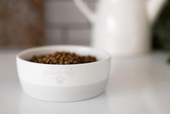 Pearhead Paws Off Ceramic Cat Bowl, Holds 1.3 Cups, Small Food and Water Bowl for Cats, Pet Dish, Microwave and Dishwasher Safe (Pack of 2)