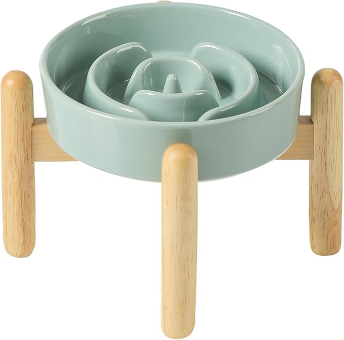 Havniva Ceramic 0.9 Cup Raised Dog Slow Feeder Set, Elevated Bowl with Wooden Stand for Small Dog and Cat, 6.1inch Puzzle Slow Dog Food Dish, Anti-Gulping(Light Green, Single Bowl+ Stand)