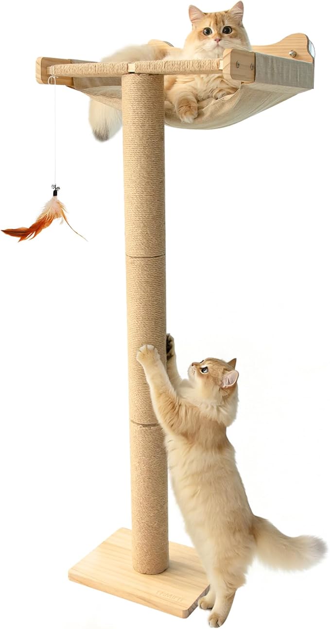 Cat Window Perch Hammock with 3-Piece Detachable Sisal Scratching Posts, Drill-Free Suction Cup Mount, Multi-Level Climbing Perch for Bird Watching, 45 LBS Capacity