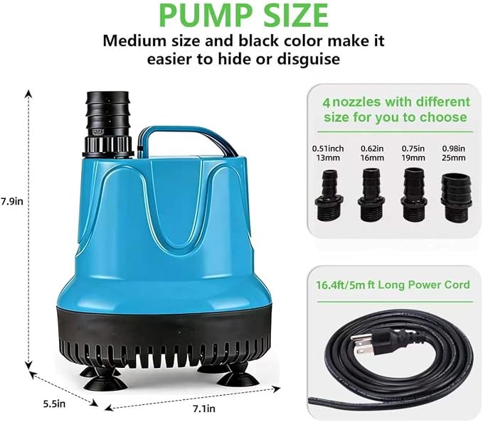 Submersible Pump, 1320GPH(105W 5000L/H), Ultra Quiet Water Fountain Pump with 16.4ft Tubing (ID x 1/2-Inch), Compact Fountain Water Pump for Fish Tank, Pond, Aquarium, Statuary, Hydroponics