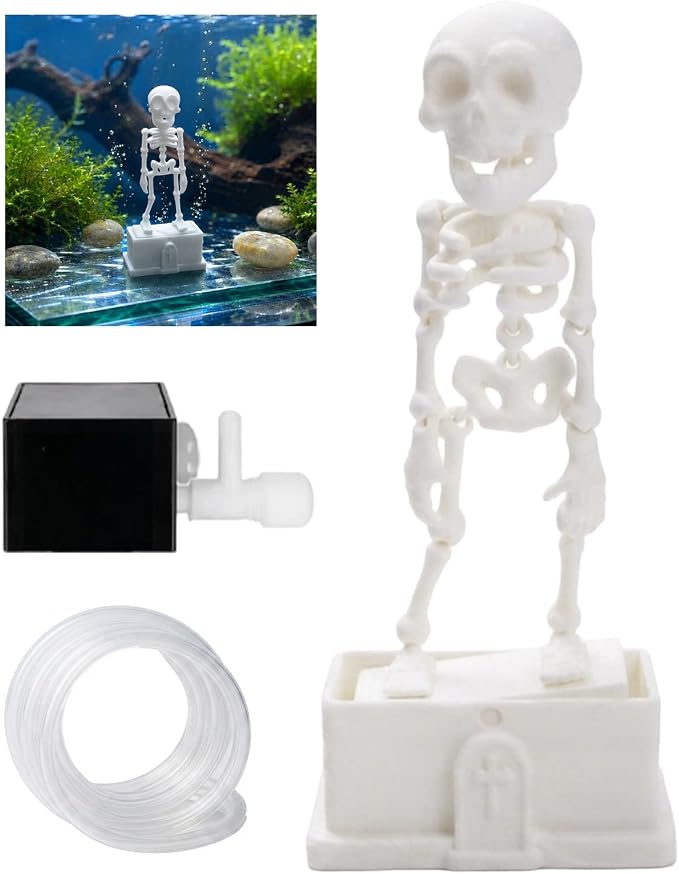 Dancing Skeleton Aquarium Bubbler, Halloween Fish Tank Decor(White) | Adjustable airflow with 1m hose & valve. Safe resin, for freshwater/saltwater tanks. Air pump not included.