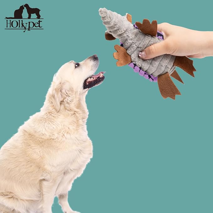 Hollypet Plush Dog Squeaky Toy Stuffed Armadillo Animal Pet Puppy Chew Toys with Clean Teeth for Small Medium Large All Breed Sizes Dogs, Purple, 6 in