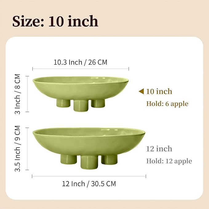 Three-Leg Ceramic Fruit Bowl, 10 Inch Oval Serving Dish for Kitchen Counter, Candy or Key Holder, Home Decor Accent Beige Green