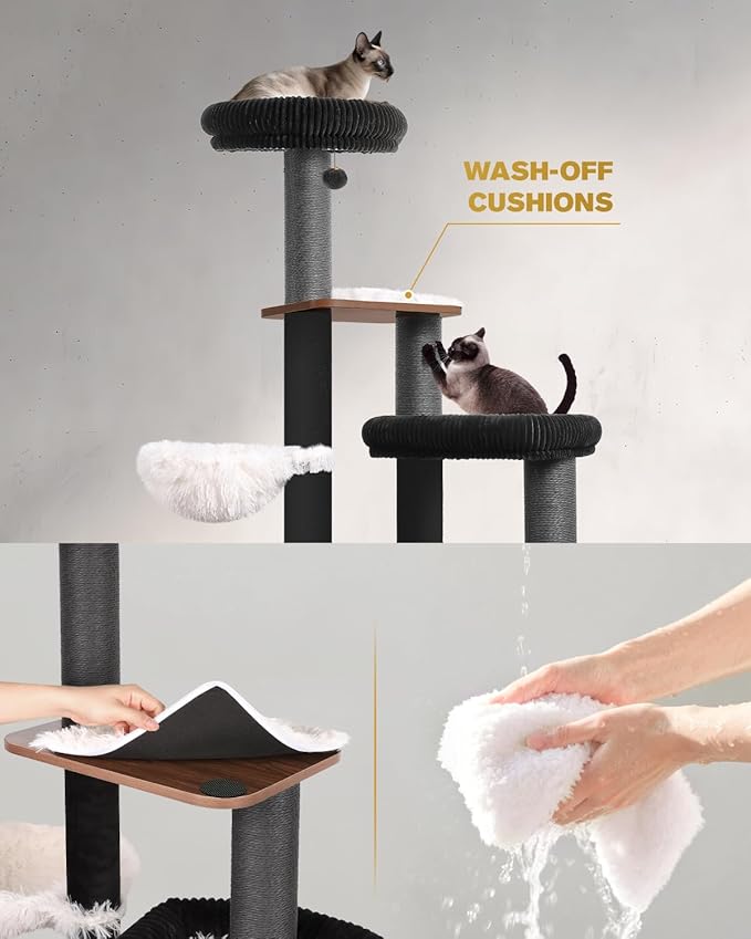 63" Modern Cat Tree Tower for Indoor Cats, Heavy Duty Cat Trees for Large Cat, Adult Maine Coon Cat Tree Tower with Scratching Post, Extra Large Top Perch, Cat Condos (Black)