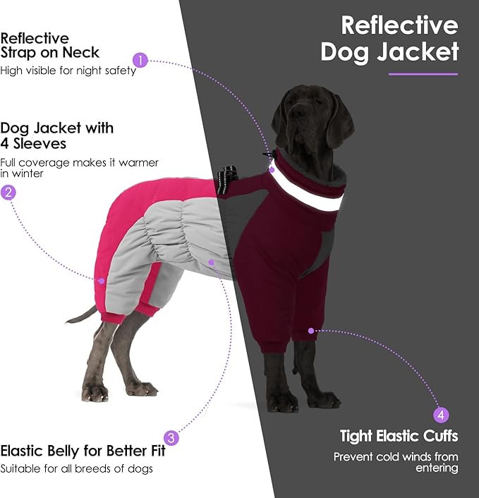 Full Body Dog Coat - Warm Fleece Jacket for Large Dogs, Turtleneck Winter Coats with Harness, Reflective Dog Snowsuit Windproof Puffer Jackets with Legs for Weimaraner, Hot Pink XL