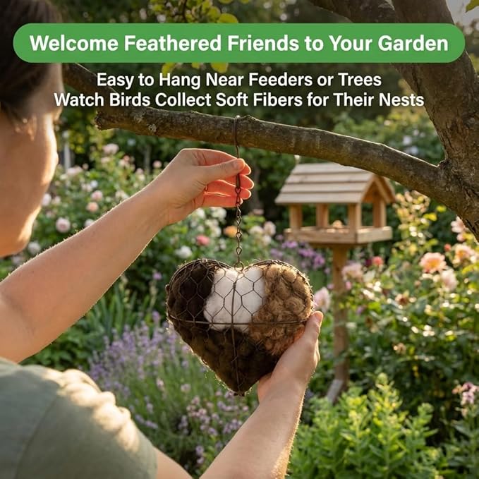 Alpaca Fiber Bird Nesting Heart, Refillable Bird Nesting Material Holder, Hummingbird Houses Nest Boxes for Outdoor Wild Birds Nestings
