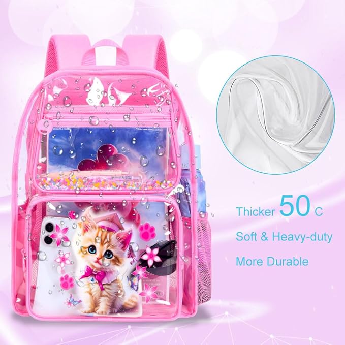 AGSDON 3PCS Clear Backpack for Girls, See Through Backpacks for Kids with Lunch Box, Heavy Duty Transparent Bookbag - Cat