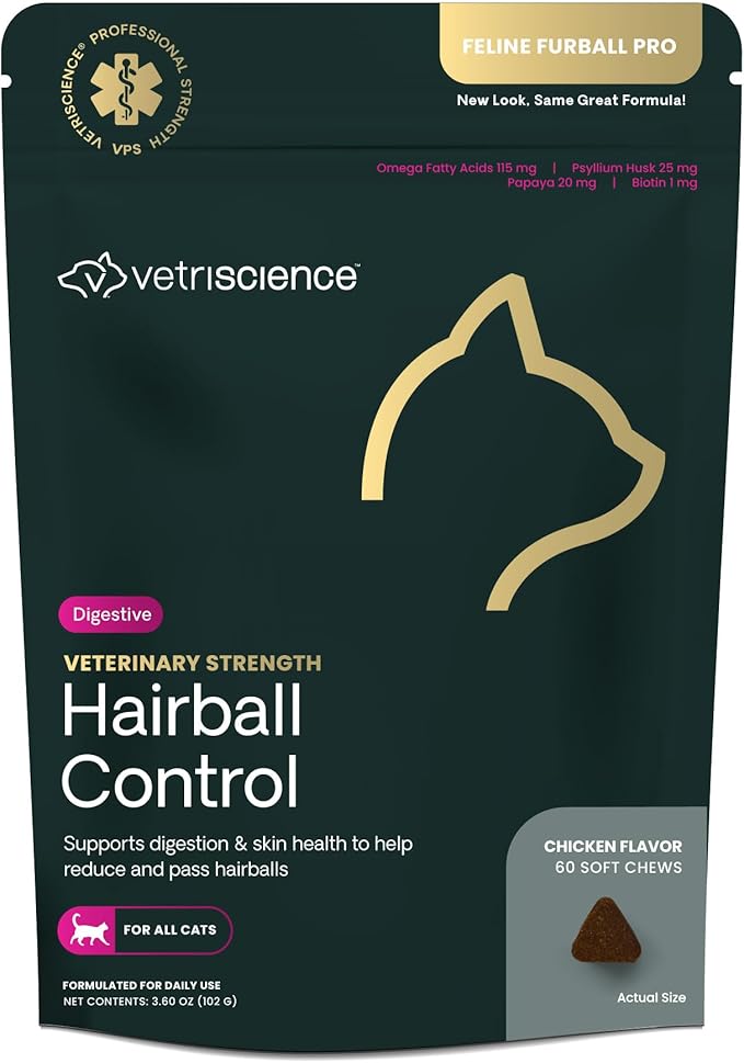 VetriScience Veterinary Strength Hairball Control for Cats - Cat Hairball & Digestion Support for Cats Skin & Coat Health Formula - Chicken Flavor - 60 Chews