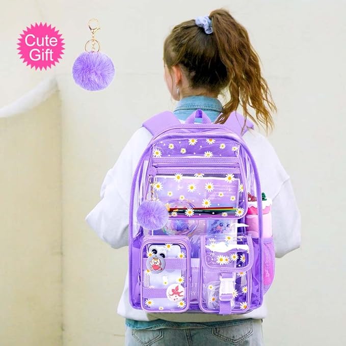 CCJPX 3Pcs Clear Backpack for Girls, School Transparent Bookbag, Heavy Duty See Through Backpacks for Teens Elementary