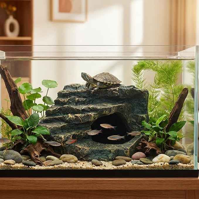 Gecko Tank Acccessories, Turtle Tank Accessories, Perfect Tortoise Hide Fish Tank Decor for Betta, Fish, Snake Hide, Professional Turtle Basking Platform (Medium)