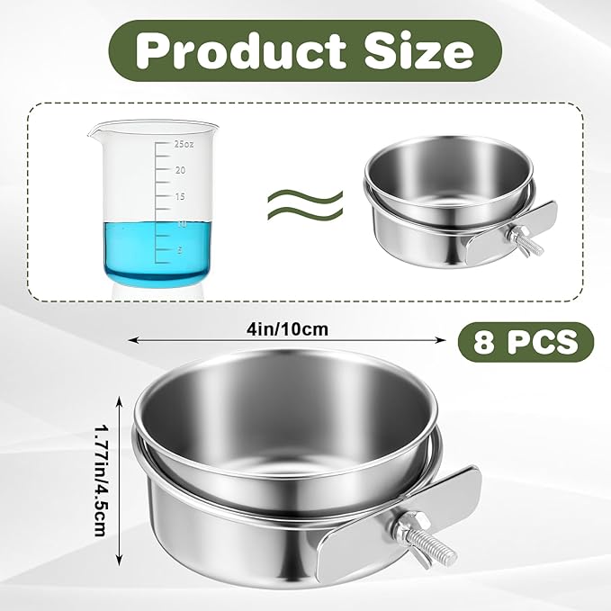Kifmurase 8 PCS Stainless Steel Bird Food Bowls Water Bowl with Clamp Holder, Parrot Feeding Dish Cups Birds Feeders for Cage, Bird Food Water Bowls for Cockatiels Conure Budgie Parakeet