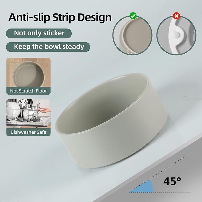 Havniva Ceramic Raised Double Bowls Set with Stand, Food & Water Bowls for Medium Breed Dogs, Weighted Dog Dishes, Pet Bowl(7.3'',41OZ, Grey)