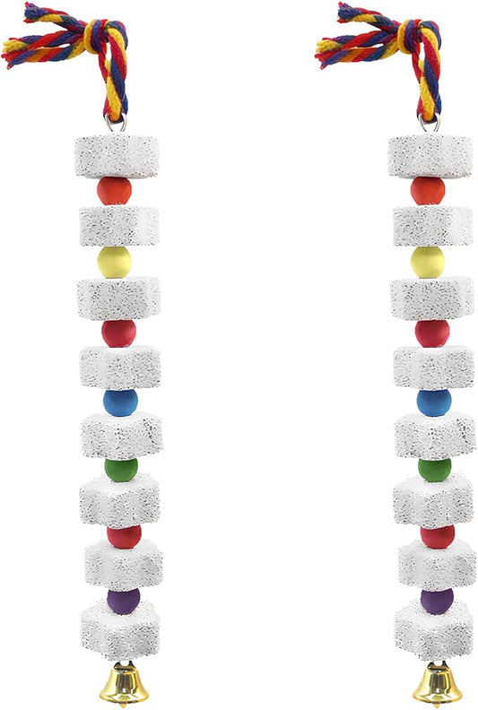 2 Pack 11.5" Large Lava Stone Bird Toys - Natural Beak Grinding Block with Hemp Rope - Hanging Cage Accessories for Parrots, Cockatiels, Conures & Parakeets
