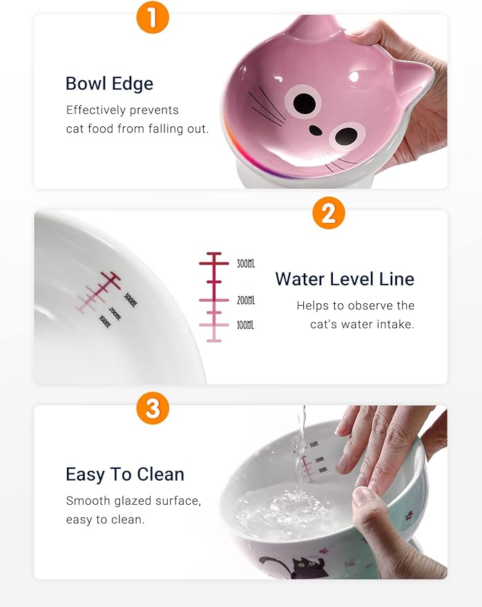 AISBUGUR Ceramic Cat Bowls Set of 2, Elevated 15 Tilted Design for Indoor Cats, Large Capacity, Easy to Clean, Non-Slip Base, Cute Pattern,Pink