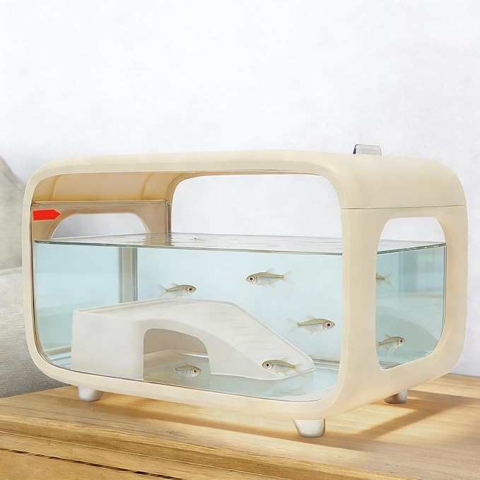 3.17 Gal Desktop Fish Tank, Fish Tank with Top Feeding Hole &Built-in Climbing Frame, Compact Water Habitat Bowl, Durable Mini Mini Aquascape Aquarium for Betta & Small Fish (Cream White)
