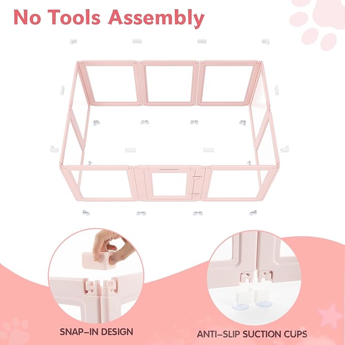 DIY Clear Acrylic Dog Playpen Indoor, Transparent Easy Cleansing Puppy Fence with Suction Cup, Easy-Assemble Indoor Whelping Crate for Small Puppies (23.6" H, 10PCS), Pink