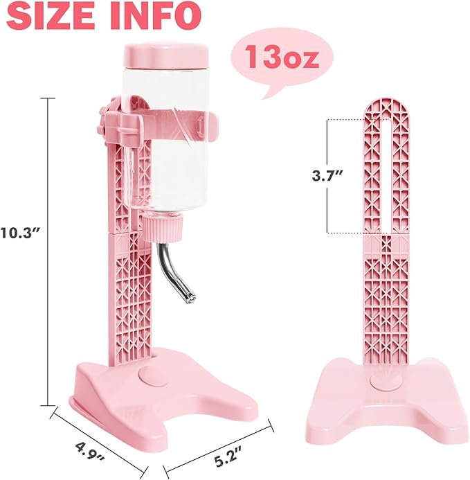 VANNON Pet Standing Water Dispenser Top Fill Dog Water Bottle Dispenser with Stand Leakproof Pet Slow Water Bottle for Small Animals, 13oz, BPA Free, Adjustable Height, Pink