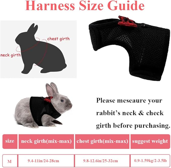 ASOCEA Adjustable Bunny Harness and Leash Breathable Mesh Vest Harness for Rabbits Walking Soft Pet Harness Vest Cloth Lead for Small Animals Rabbits Ferret Kitten Black M