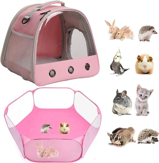 2-Pack Guinea Pig Carrier and Playpen Set - Breathable Pet Playpen Pop Open Outdoor/Indoor Exercise Fence, Portable Small Animal Backpack for Bearded Dragon, Rabbits, Hamster, Chinchillas