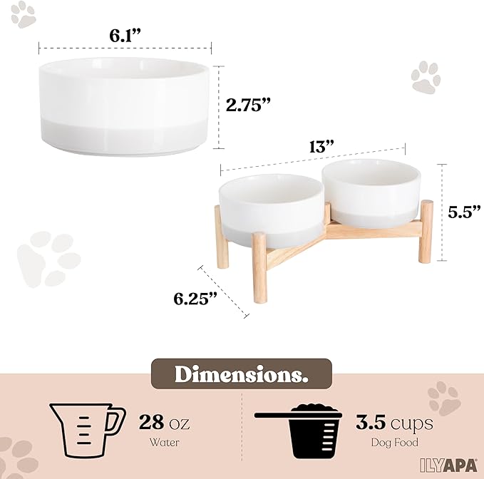 Ilyapa Ceramic Dog Bowls - Elevated for Medium Sized Pet with Raised Food and Water Set - Gray Double 6 inch, 28 Oz Bowls & 13x6.3x5.5 Wooden Stand