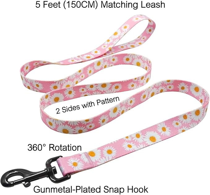 Dog Collar Leash Set, Floral Pattern, Polyester Material, Adjustable Collar and 5ft Matchcing Leash, for Puppy Dogs.(XS, Light Pink Daisy)