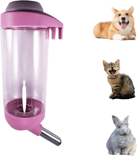 Dog Crate Water Bottle - 17 oz No Drip Kennel Pet Water Dispenser, Easy-to-Use Cage Water Bottle for Dogs, Cats, Small Animals, 500ML, Pink