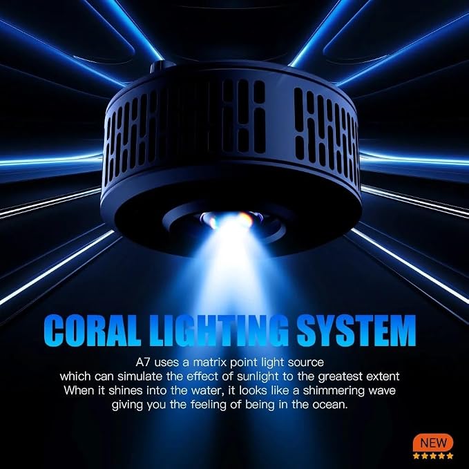A+ A7 III 100W Full Spectrum Marine LED Reef Light, WiFi App Control, 6-Channel Programmable Timer Dimmer, Dual Lens, High PAR for Saltwater Coral Reef Aquarium (A7III)