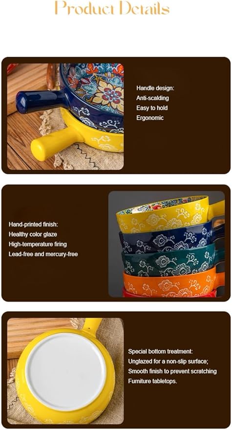 Ceramic Soup Bowl with Handle – 23oz, 8.6Inches Bowl Handmade Large Wide Shallow Serving Bowl Colorful Floral Microwave & Dishwasher Safe Pasta/Salad Dish 1 PC Bohemian Style Navy Blue