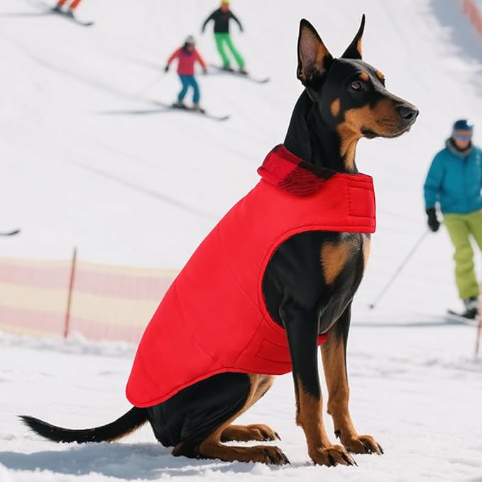 ASENKU Dog Winter Coat, Fleece Doggie Jacket Plaid Reversible Vest Waterproof Windproof Cold Weather Clothes for Small Medium Large Dogs (Red, XL)